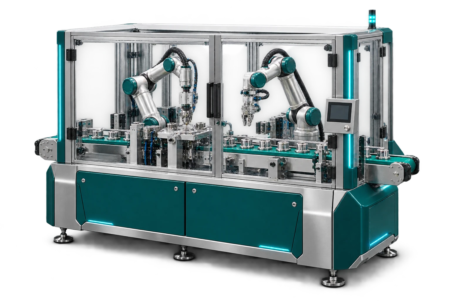 Konsep sistem otomasi dengan lengan robot, konveyor, dan panel kontrol